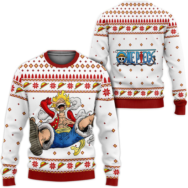 Divesart - Luffy Gear 5 punaista ja valkoista Ugly joulupuseroa ja -hupparia räätälöityjä One Piece -anime-joululahjoja